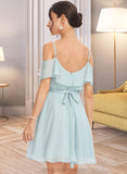 Shania A-Line V-neck Short/Mini Bridesmaid Dress With Cascading Ruffles STIP0013023