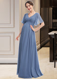 Allyson A-Line V-neck Floor-Length Bridesmaid Dress With Ruffle STIP0013024