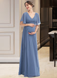 Allyson A-Line V-neck Floor-Length Bridesmaid Dress With Ruffle STIP0013024