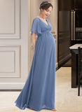 Allyson A-Line V-neck Floor-Length Bridesmaid Dress With Ruffle STIP0013024