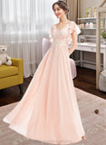 Bella A-Line V-neck Floor-Length Bridesmaid Dress With Ruffle STIP0013025