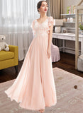 Bella A-Line V-neck Floor-Length Bridesmaid Dress With Ruffle STIP0013025