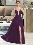 Reyna A-Line V-neck Floor-Length Chiffon Bridesmaid Dress With Beading Sequins Split Front Pockets STIP0013028