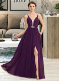 Reyna A-Line V-neck Floor-Length Chiffon Bridesmaid Dress With Beading Sequins Split Front Pockets STIP0013028