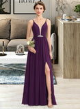 Reyna A-Line V-neck Floor-Length Chiffon Bridesmaid Dress With Beading Sequins Split Front Pockets STIP0013028