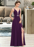 Reyna A-Line V-neck Floor-Length Chiffon Bridesmaid Dress With Beading Sequins Split Front Pockets STIP0013028