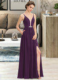 Reyna A-Line V-neck Floor-Length Chiffon Bridesmaid Dress With Beading Sequins Split Front Pockets STIP0013028