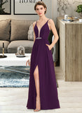 Reyna A-Line V-neck Floor-Length Chiffon Bridesmaid Dress With Beading Sequins Split Front Pockets STIP0013028