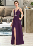 Reyna A-Line V-neck Floor-Length Chiffon Bridesmaid Dress With Beading Sequins Split Front Pockets STIP0013028