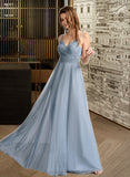 Vivienne A-Line V-neck Floor-Length Bridesmaid Dress With Lace STIP0013030