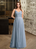 Vivienne A-Line V-neck Floor-Length Bridesmaid Dress With Lace STIP0013030