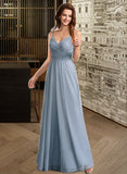 Vivienne A-Line V-neck Floor-Length Bridesmaid Dress With Lace STIP0013030