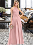 Yaritza A-Line Scoop Neck Floor-Length Chiffon Bridesmaid Dress With Bow(s) Cascading Ruffles STIP0013033