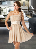 Cailyn A-Line/Princess One-Shoulder Short/Mini Chiffon Bridesmaid Dress With Ruffle Flower(s) Bow(s) STIP0013040