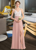 Kaitlynn A-Line V-neck Floor-Length Chiffon Lace Bridesmaid Dress With Split Front STIP0013045