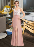 Kaitlynn A-Line V-neck Floor-Length Chiffon Lace Bridesmaid Dress With Split Front STIP0013045