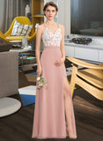 Kaitlynn A-Line V-neck Floor-Length Chiffon Lace Bridesmaid Dress With Split Front STIP0013045