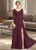 Gisselle A-Line V-neck Floor-Length Chiffon Lace Bridesmaid Dress With Ruffle Split Front STIP0013051