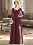 Gisselle A-Line V-neck Floor-Length Chiffon Lace Bridesmaid Dress With Ruffle Split Front STIP0013051