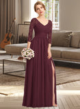 Gisselle A-Line V-neck Floor-Length Chiffon Lace Bridesmaid Dress With Ruffle Split Front STIP0013051