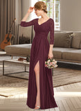 Gisselle A-Line V-neck Floor-Length Chiffon Lace Bridesmaid Dress With Ruffle Split Front STIP0013051