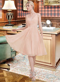 Maya A-line V-Neck Knee-Length Chiffon Bridesmaid Dress With Ruffle STIP0013053