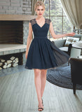 Eleanor A-Line V-neck Knee-Length Chiffon Lace Bridesmaid Dress STIP0013054