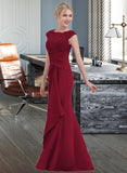 Kaylynn Sheath/Column Scoop Neck Floor-Length Chiffon Lace Bridesmaid Dress With Cascading Ruffles STIP0013057