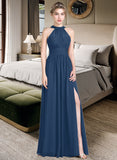 Katie A-Line Scoop Neck Floor-Length Chiffon Bridesmaid Dress With Ruffle Bow(s) Split Front STIP0013058