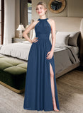 Katie A-Line Scoop Neck Floor-Length Chiffon Bridesmaid Dress With Ruffle Bow(s) Split Front STIP0013058