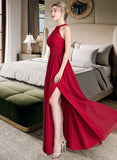 Katie A-Line Scoop Neck Floor-Length Chiffon Bridesmaid Dress With Ruffle Bow(s) Split Front STIP0013058