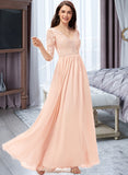 Julianne A-line V-Neck Floor-Length Chiffon Lace Bridesmaid Dress STIP0013062