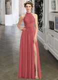 Kyra A-Line High Neck Floor-Length Chiffon Lace Bridesmaid Dress With Ruffle Split Front STIP0013065