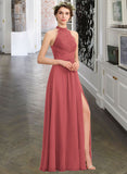 Kyra A-Line High Neck Floor-Length Chiffon Lace Bridesmaid Dress With Ruffle Split Front STIP0013065