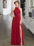 Kyra A-Line High Neck Floor-Length Chiffon Lace Bridesmaid Dress With Ruffle Split Front STIP0013065