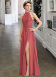 Kyra A-Line High Neck Floor-Length Chiffon Lace Bridesmaid Dress With Ruffle Split Front STIP0013065