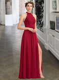 Kyra A-Line High Neck Floor-Length Chiffon Lace Bridesmaid Dress With Ruffle Split Front STIP0013065