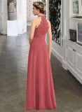 Kyra A-Line High Neck Floor-Length Chiffon Lace Bridesmaid Dress With Ruffle Split Front STIP0013065