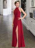 Kyra A-Line High Neck Floor-Length Chiffon Lace Bridesmaid Dress With Ruffle Split Front STIP0013065