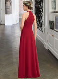 Kyra A-Line High Neck Floor-Length Chiffon Lace Bridesmaid Dress With Ruffle Split Front STIP0013065