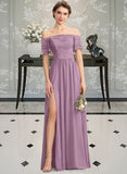 Lilith A-Line Off-the-Shoulder Floor-Length Chiffon Lace Bridesmaid Dress With Split Front STIP0013066