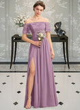 Lilith A-Line Off-the-Shoulder Floor-Length Chiffon Lace Bridesmaid Dress With Split Front STIP0013066