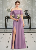 Lilith A-Line Off-the-Shoulder Floor-Length Chiffon Lace Bridesmaid Dress With Split Front STIP0013066