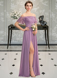 Lilith A-Line Off-the-Shoulder Floor-Length Chiffon Lace Bridesmaid Dress With Split Front STIP0013066