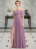 Lilith A-Line Off-the-Shoulder Floor-Length Chiffon Lace Bridesmaid Dress With Split Front STIP0013066