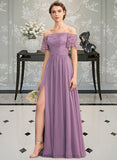 Lilith A-Line Off-the-Shoulder Floor-Length Chiffon Lace Bridesmaid Dress With Split Front STIP0013066