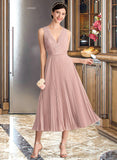 Jadyn A-Line V-neck Tea-Length Chiffon Lace Bridesmaid Dress With Pleated STIP0013067