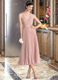 Jadyn A-Line V-neck Tea-Length Chiffon Lace Bridesmaid Dress With Pleated STIP0013067