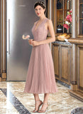 Jadyn A-Line V-neck Tea-Length Chiffon Lace Bridesmaid Dress With Pleated STIP0013067