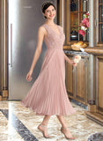 Jadyn A-Line V-neck Tea-Length Chiffon Lace Bridesmaid Dress With Pleated STIP0013067